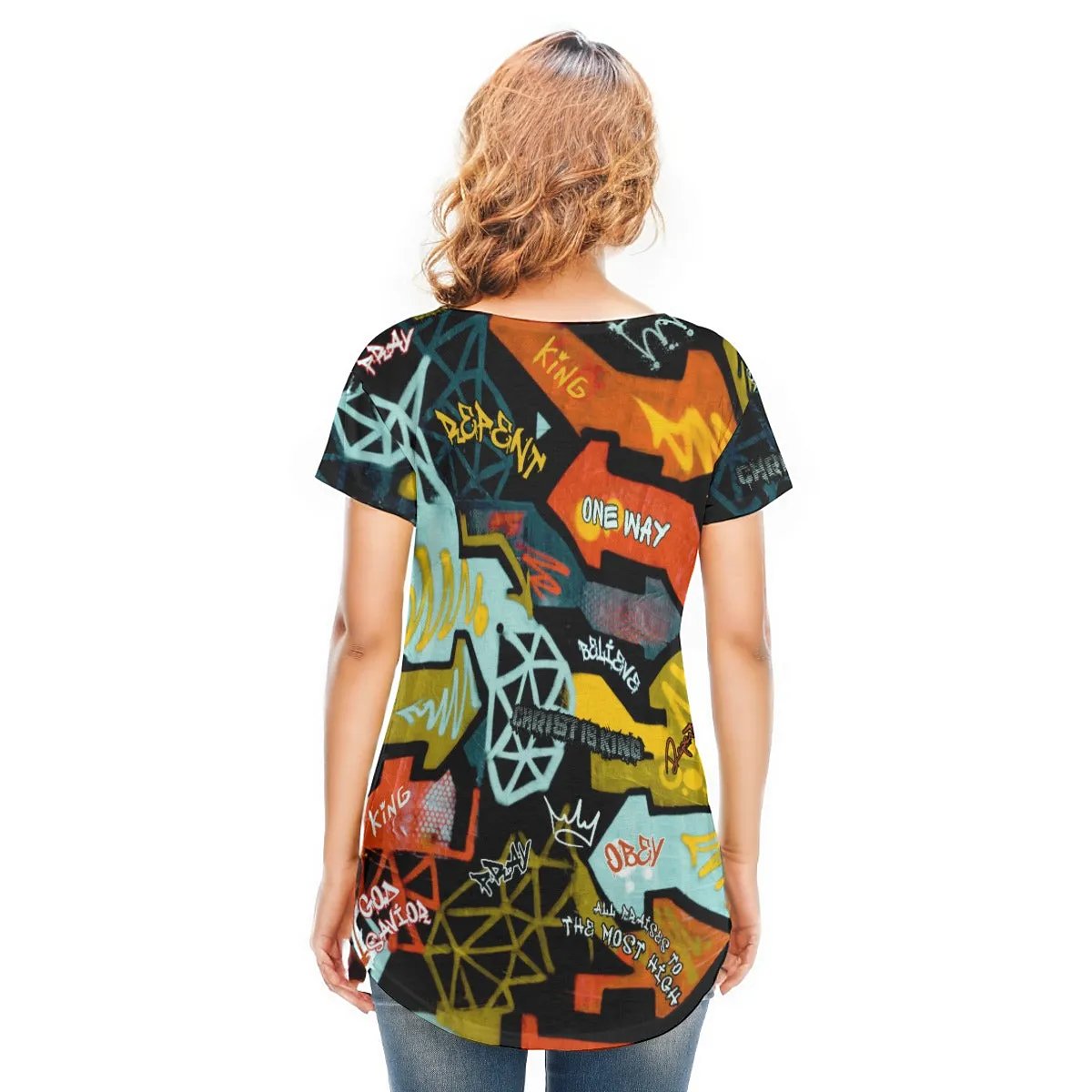 GRAFFITI GOD High Low V-neck Short Sleeve T-shirt