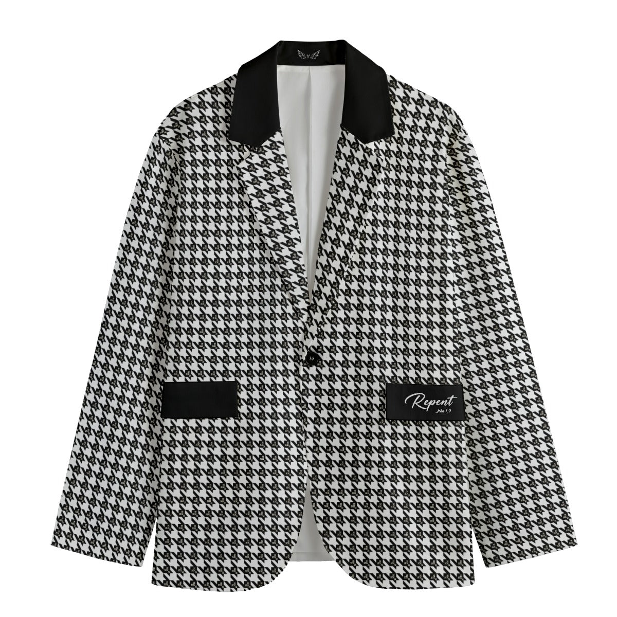 Men's REPENT John 1:9 Houndstooth Plaid Casual Flat Lapel Collar Cotton Blazer