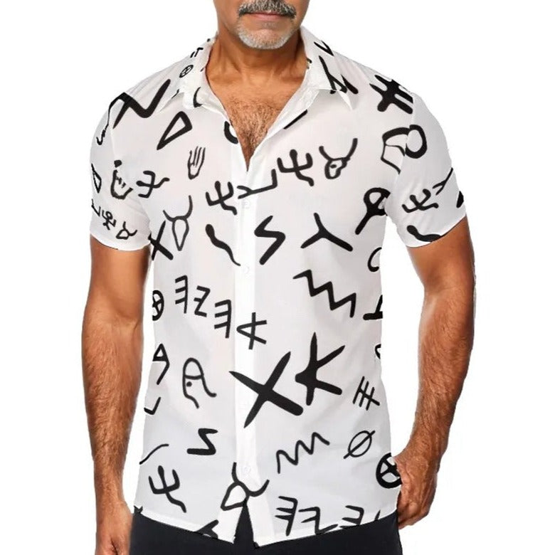 Men's AHAYAH Ancient Paleo Phoenician Pictograph Alphabet Pattern Button Shirt