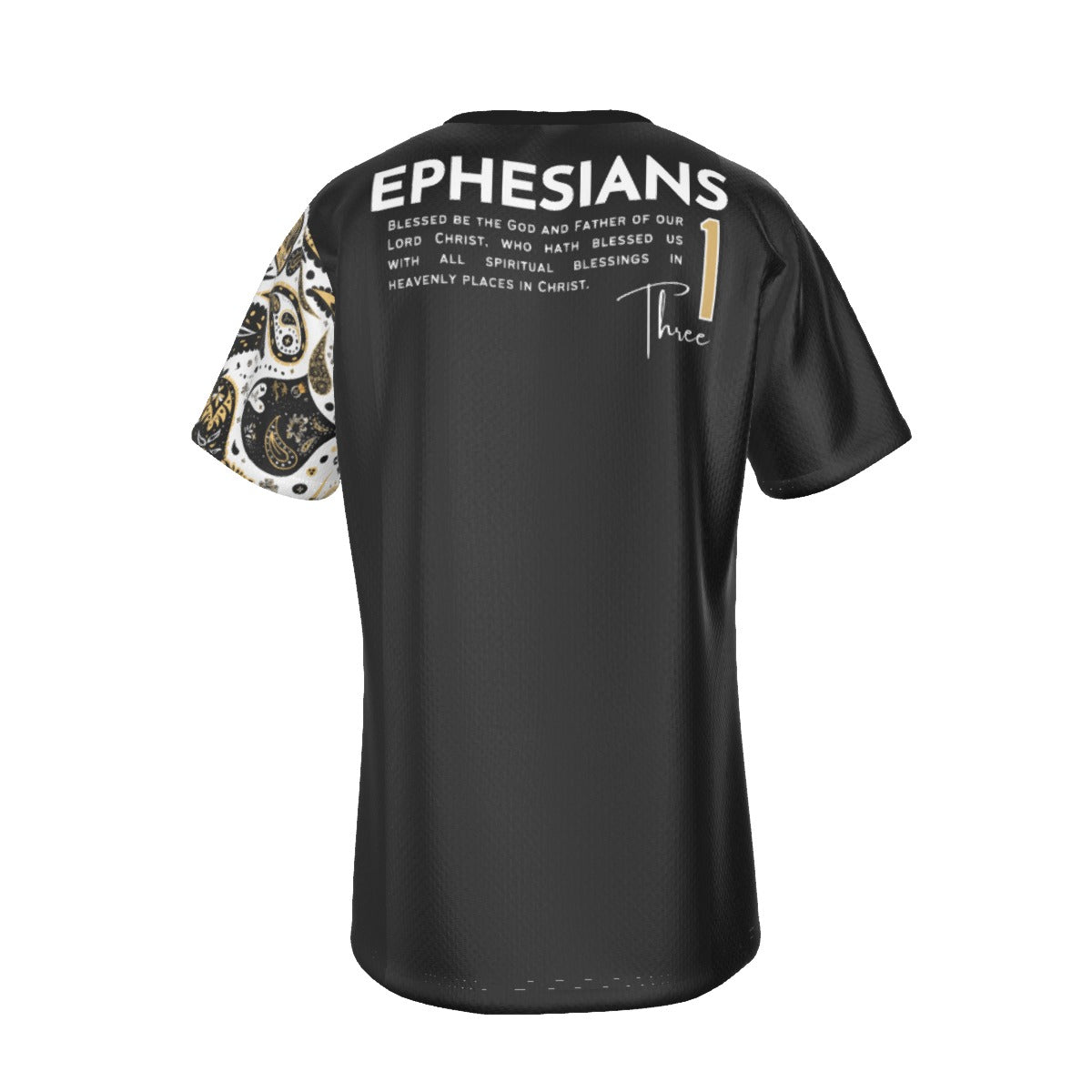 BLESSED TO BE BLESSED Ephesians 1:3 Scripture Paisley Sleeve Black T Shirt