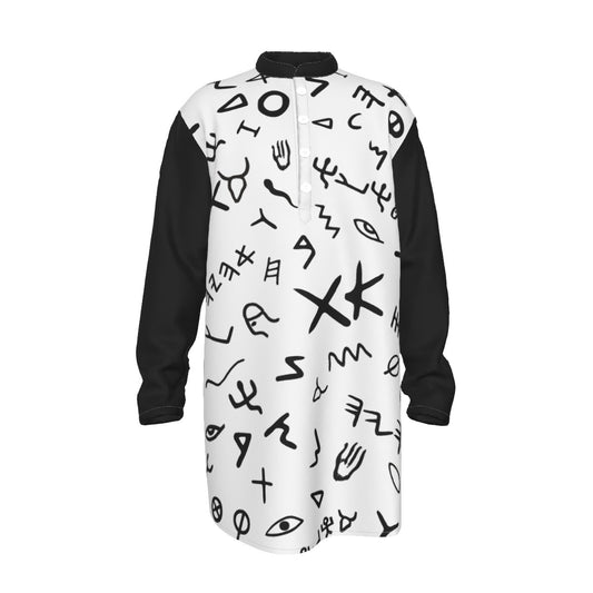 Men's AHAYAH Ancient Paleo Phoenician Pictograph Alphabet Pattern Stand-up Collar Long Shirt