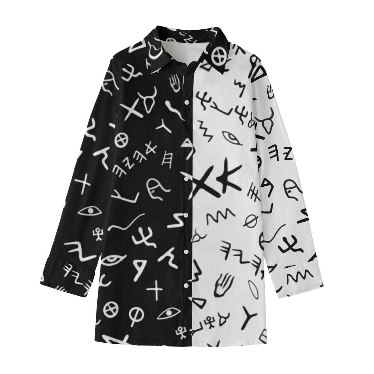 AHAYAH Ancient Paleo Phoenician Pictograph Alphabet Pattern Split Black and White Cotton Button Down