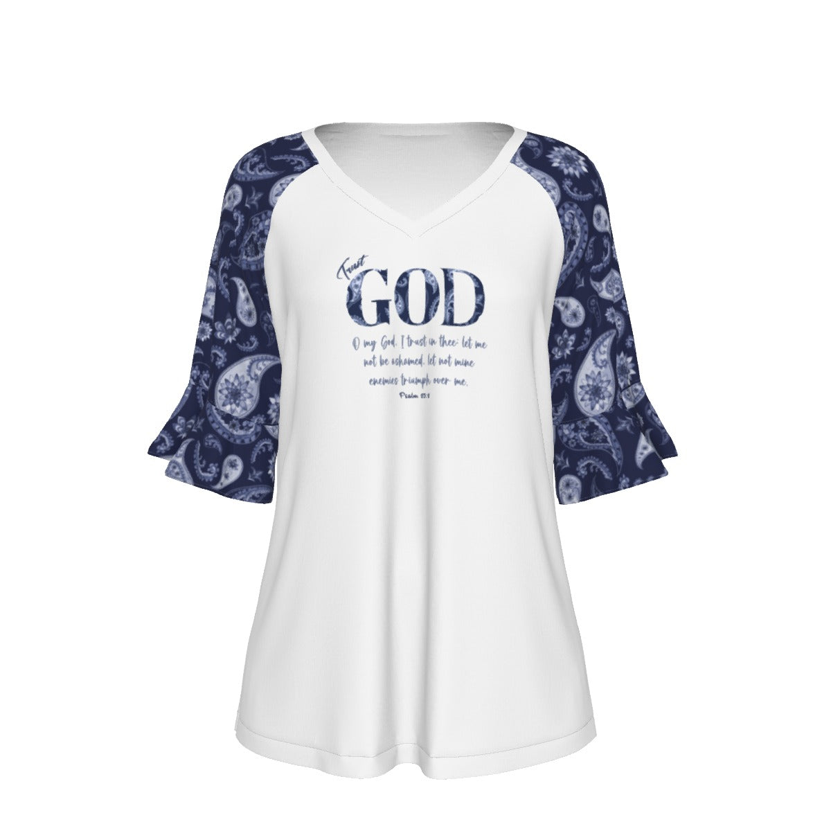 TRUST GOD Psalm 25:2 Blue Paisley Bell Sleeve Shirt