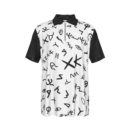 Men's AHAYAH Ancient Paleo Phoenician Pictograph Alphabet Pattern Lapel Zip Short Sleeve POLO