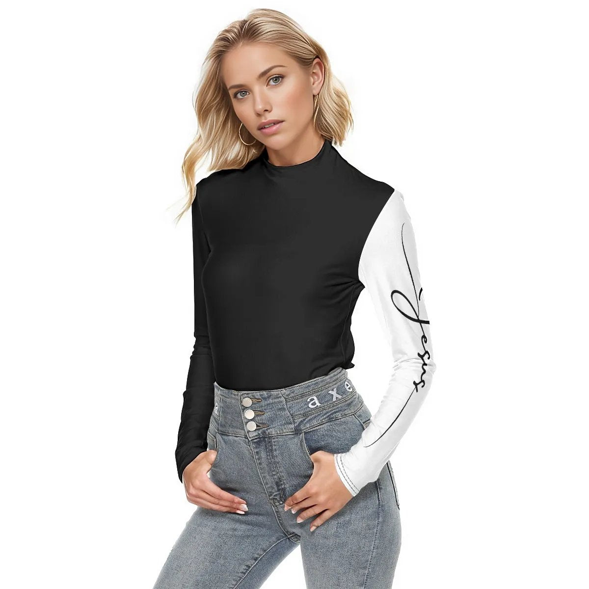 JESUS Sleeve Black and White Turtleneck Top