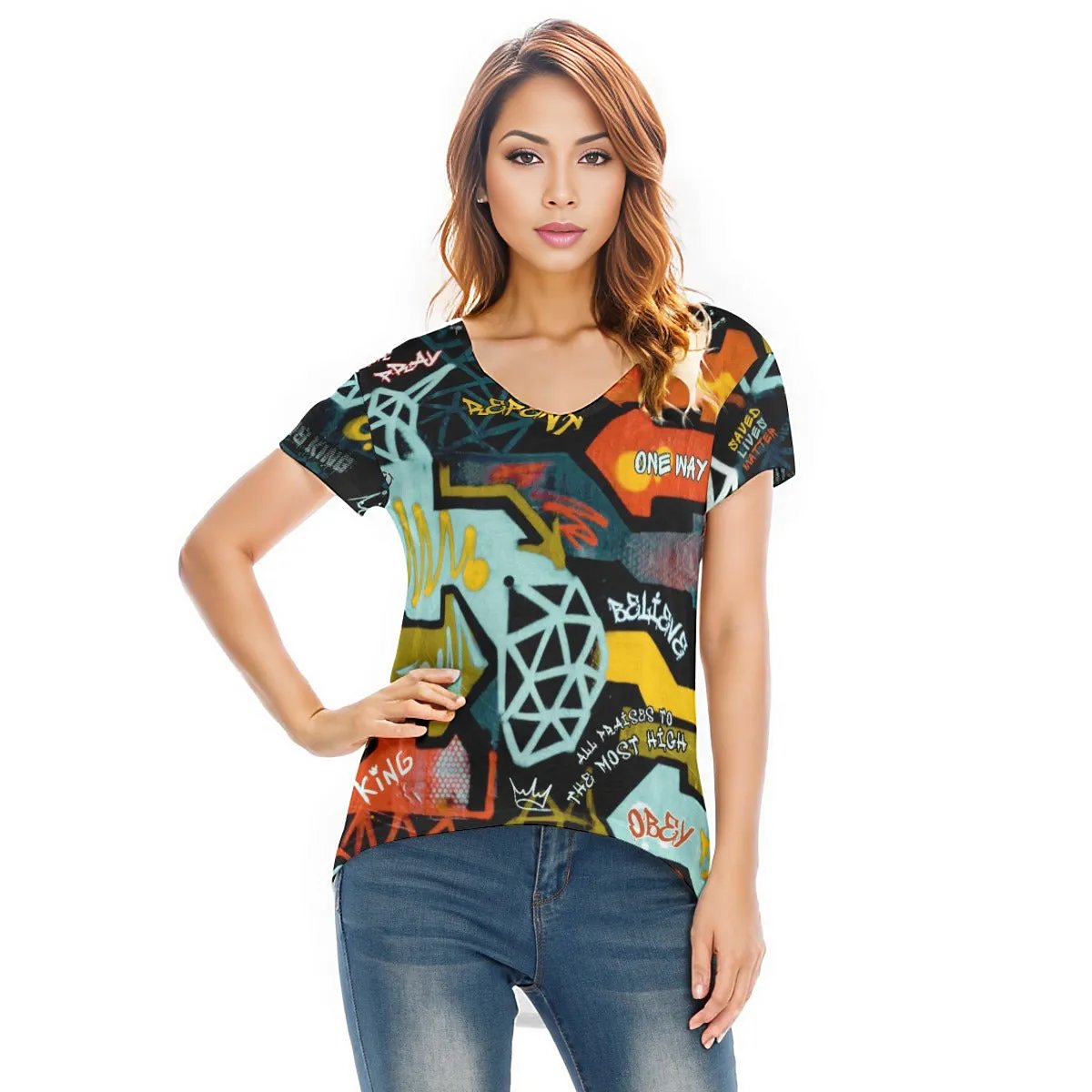 GRAFFITI GOD High Low V-neck Short Sleeve T-shirt