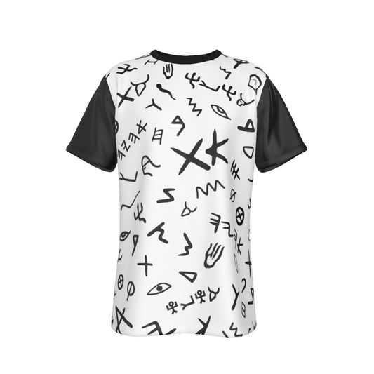 AHAYAH Paleo Phoenician Pictograph Hebrew Alphabet Black Sleeve Collar White T Shirt