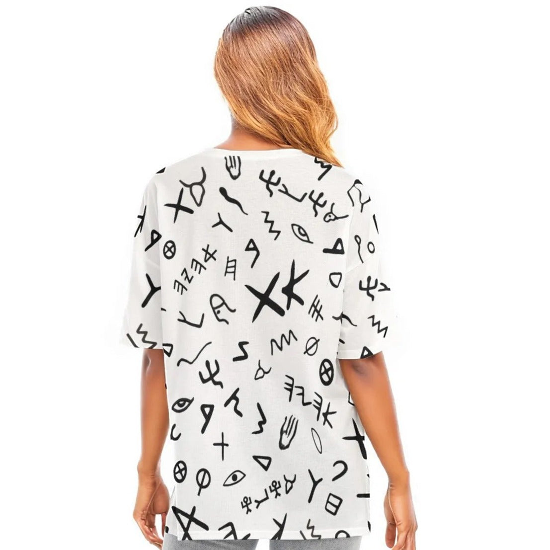 AHAYAH Ancient Paleo Phoenician Pictograph Alphabet Pattern T Shirt With Side Splits