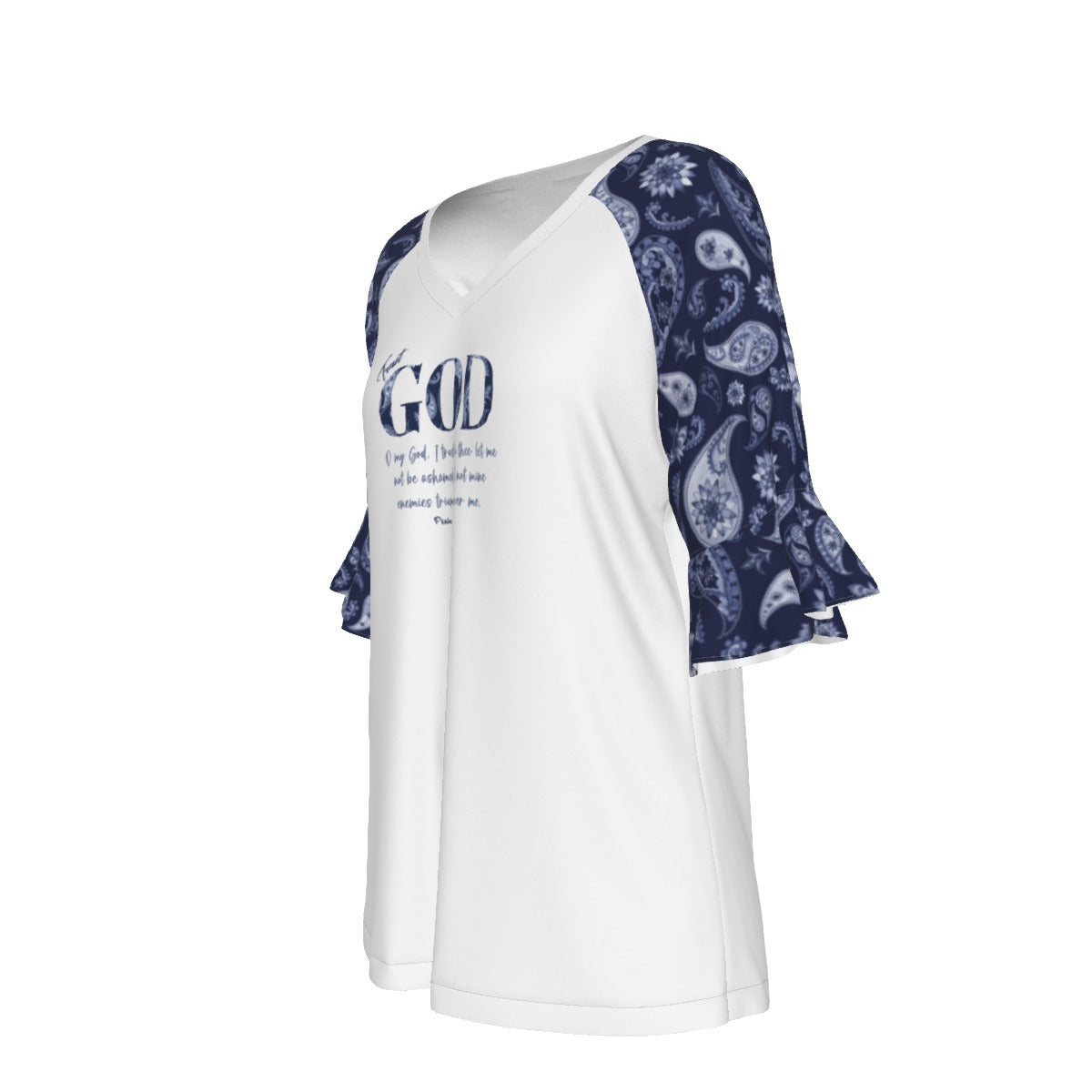 TRUST GOD Psalm 25:2 Blue Paisley Bell Sleeve Shirt