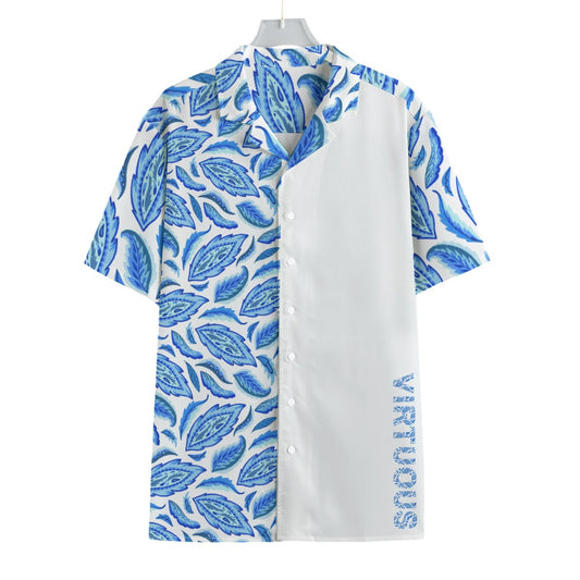 VIRTUOUS Blue Feather Print Hawaiian Shirt