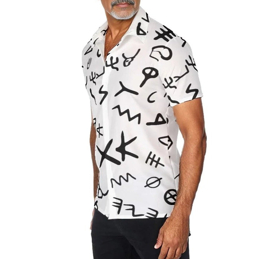 Men's AHAYAH Ancient Paleo Phoenician Pictograph Alphabet Pattern Button Shirt