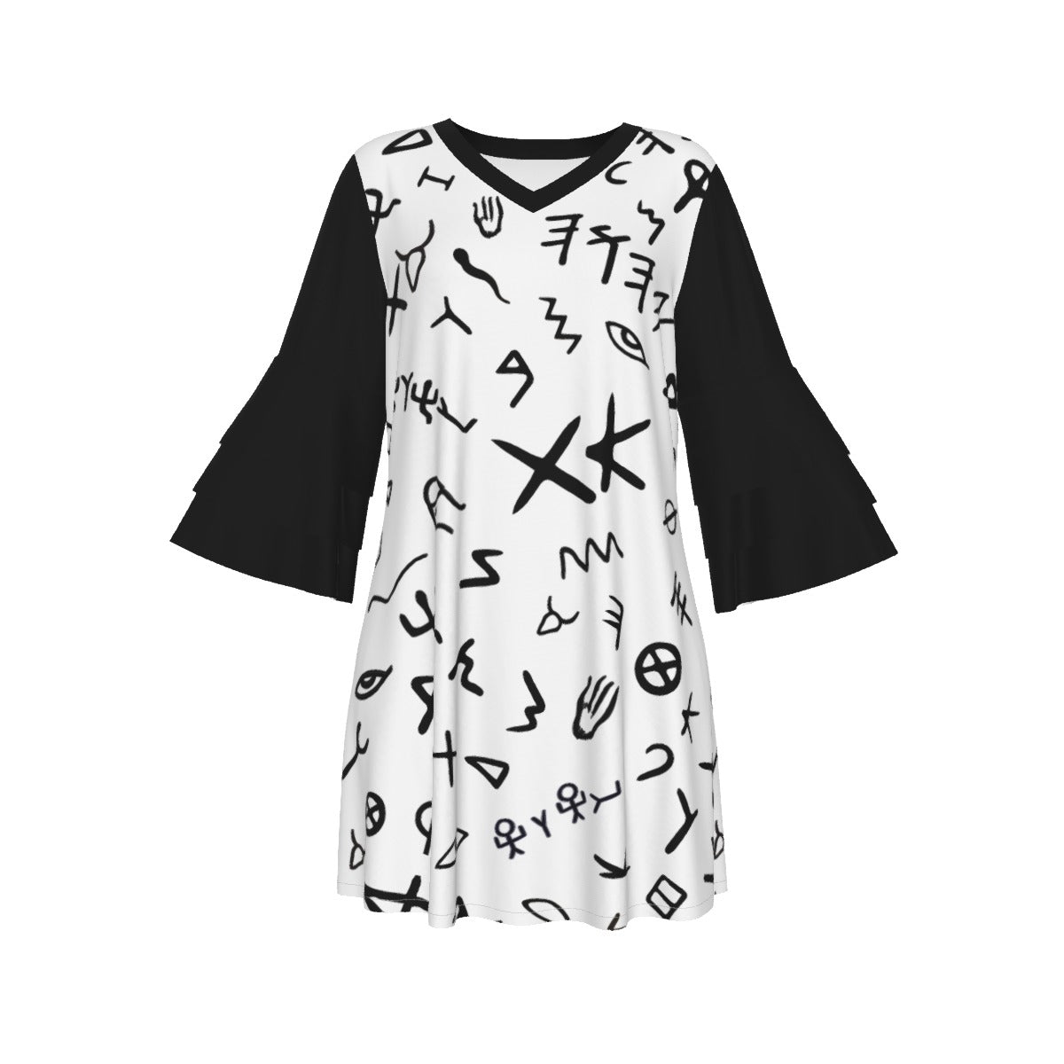 YAHUAH Ancient Paleo Phoenician Pictograph Alphabet Pattern Stacked Ruffle Sleeve Dress