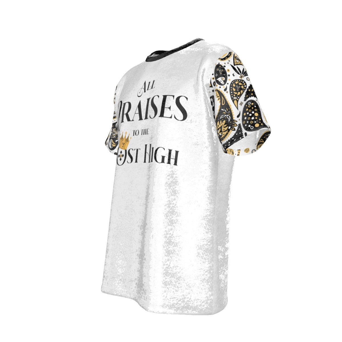 ALL PRAISES TO THE MOST HIGH Paisley Sleeve White Velvet T Shirt