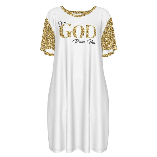 ONE GOD PRAISE HIM Gold Sequin Pattern Short Sleeve Casual Cotton Dress