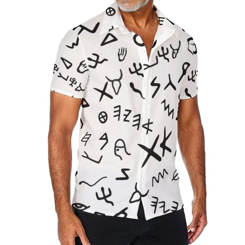 Men's AHAYAH Ancient Paleo Phoenician Pictograph Alphabet Pattern Button Shirt