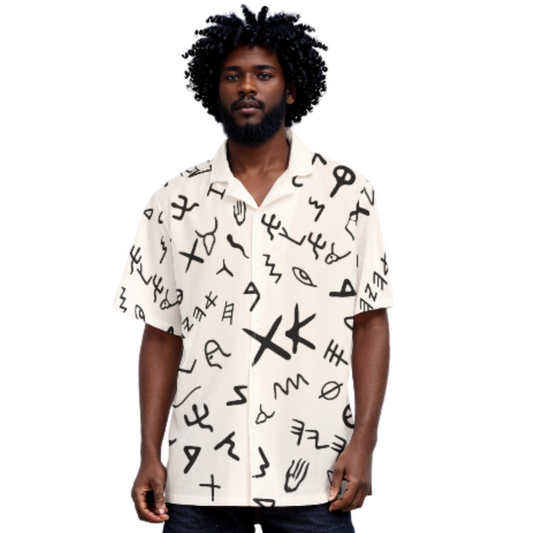 Men's AHAYAH Ancient Paleo Phoenician Pictograph Alphabet Pattern Hawaiian Button Shirt