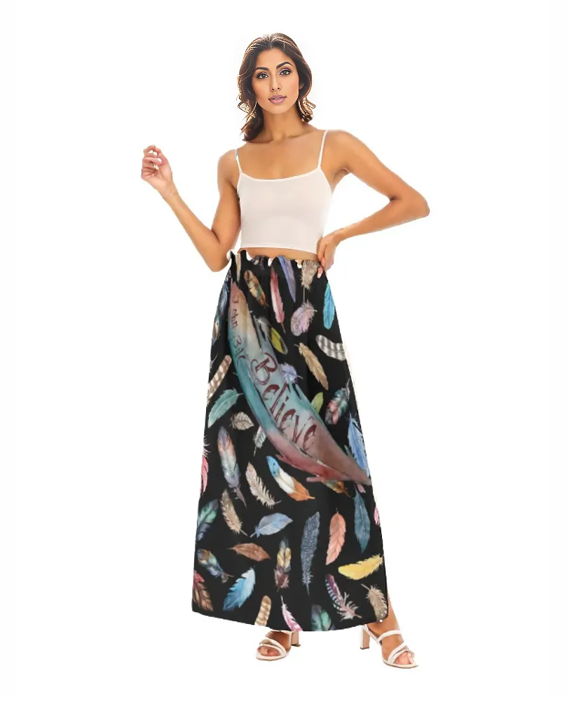 BELIEVE Feather Print Side Split Long Fringe Skirt