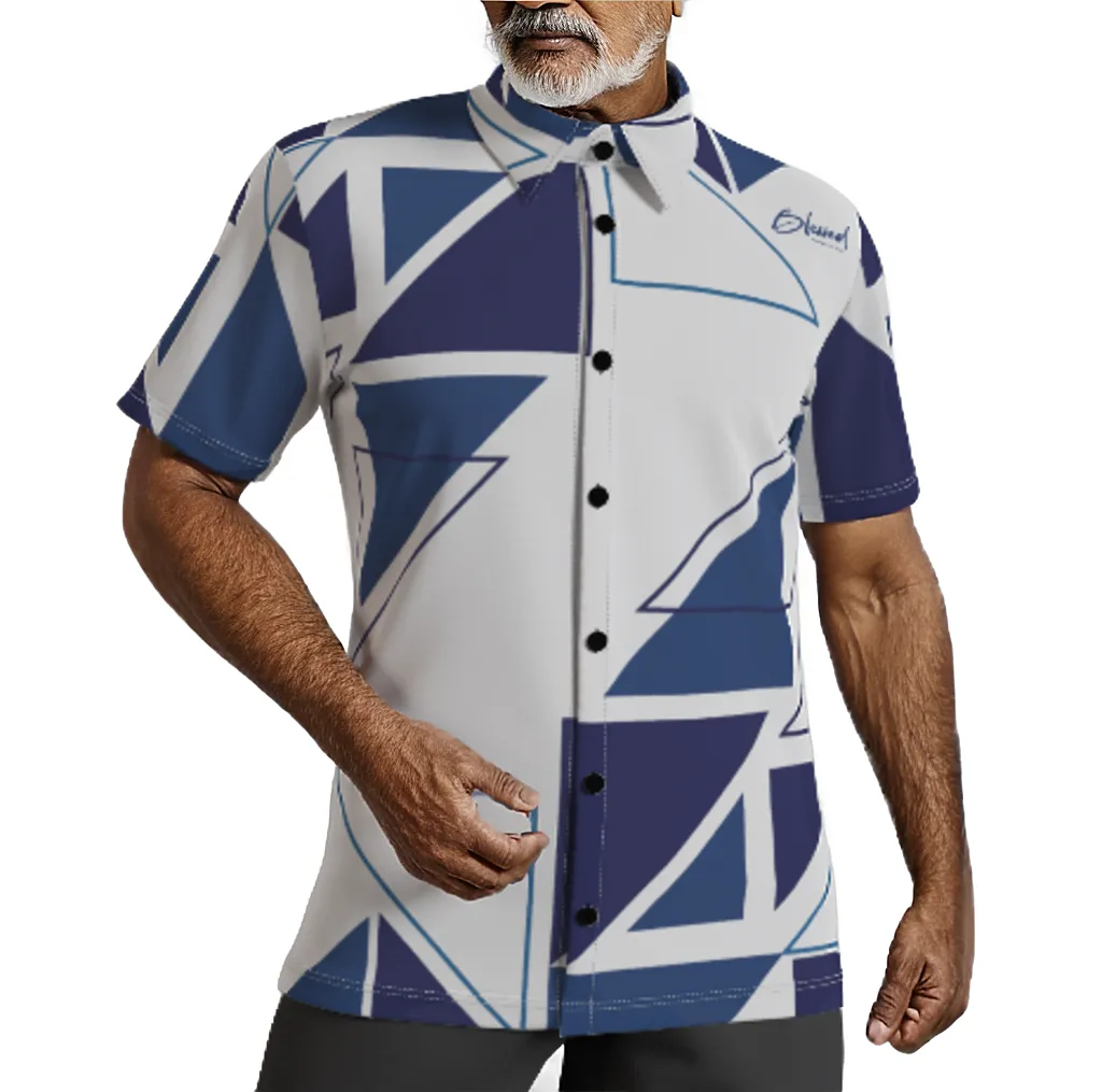 BLESSED Matthew 5:6 Blue Abstract Print Short Sleeve Button Shirt