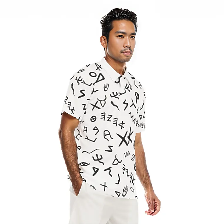 AHAYAH Ancient Paleo Phoenician Pictograph Alphabet Pattern Short Sleeve Polo Shirt With Button Closure