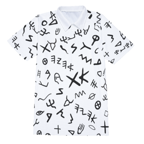 AHAYAH Ancient Paleo Phoenician Pictograph Alphabet Pattern Short Sleeve Polo Shirt With Button Closure