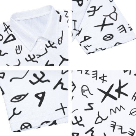 AHAYAH Ancient Paleo Phoenician Pictograph Alphabet Pattern Short Sleeve Polo Shirt With Button Closure