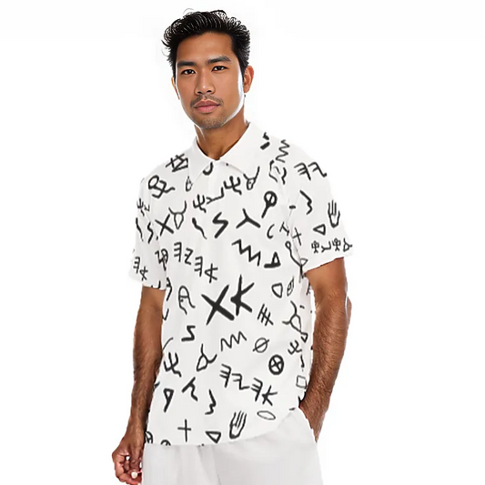 AHAYAH Ancient Paleo Phoenician Pictograph Alphabet Pattern Short Sleeve Polo Shirt With Button Closure