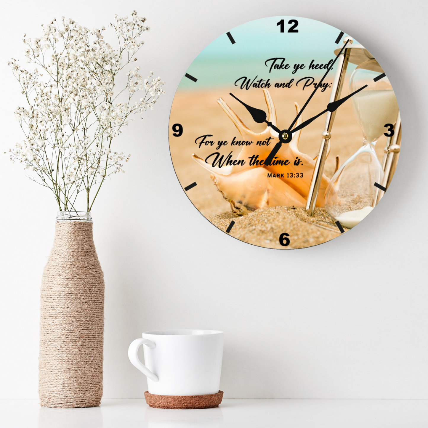 FOR YE KNOW NOT WHEN THE TIME IS Mark 13.33Sea Shell Sand Beach Print Wood Clock