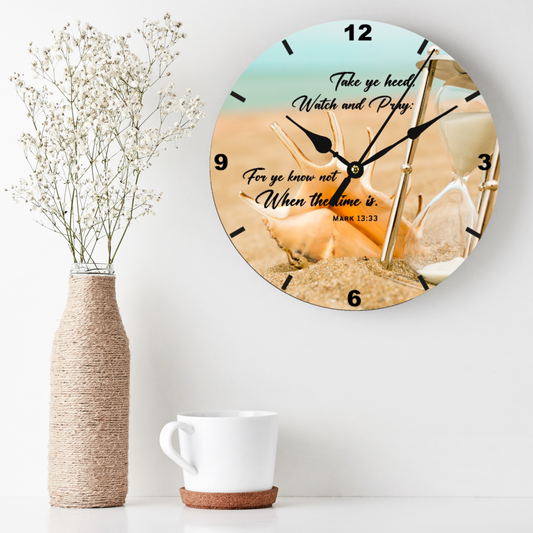 FOR YE KNOW NOT WHEN THE TIME IS Mark 13.33Sea Shell Sand Beach Print Wood Clock