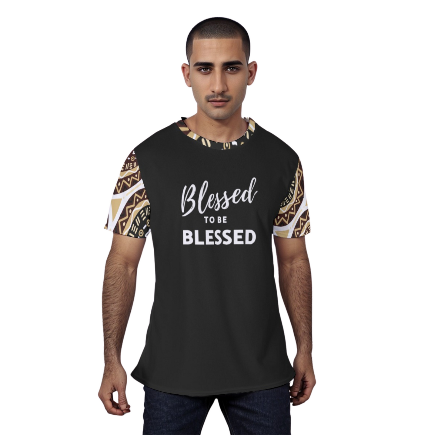 BLESSED TO BE BLESSED Unisex Ethnic Pattern Print Sleeve / Collar T Shirt