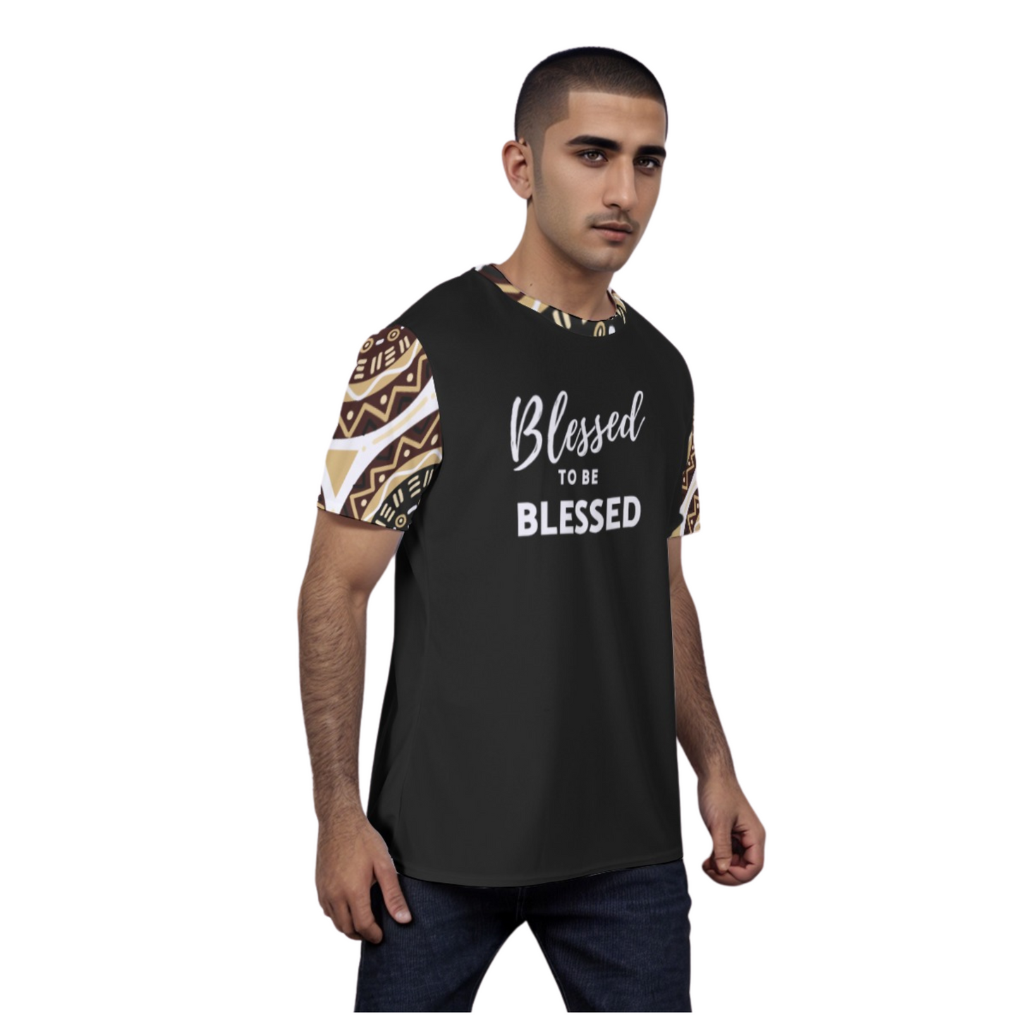 BLESSED TO BE BLESSED Unisex Ethnic Pattern Print Sleeve / Collar T Shirt