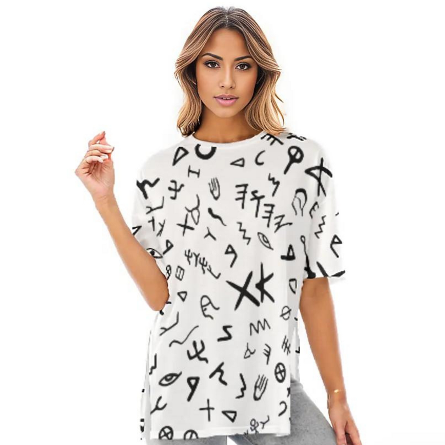 YAHUAH Ancient Paleo Phoenician Pictograph Alphabet Pattern T Shirt With Side Splits