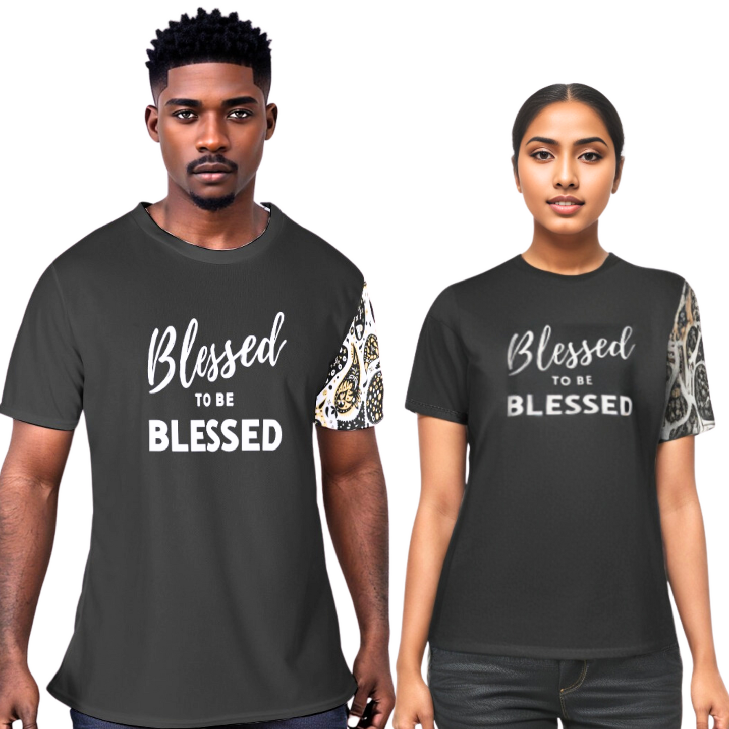 BLESSED TO BE BLESSED Ephesians 1:3 Scripture Paisley Sleeve Black T Shirt