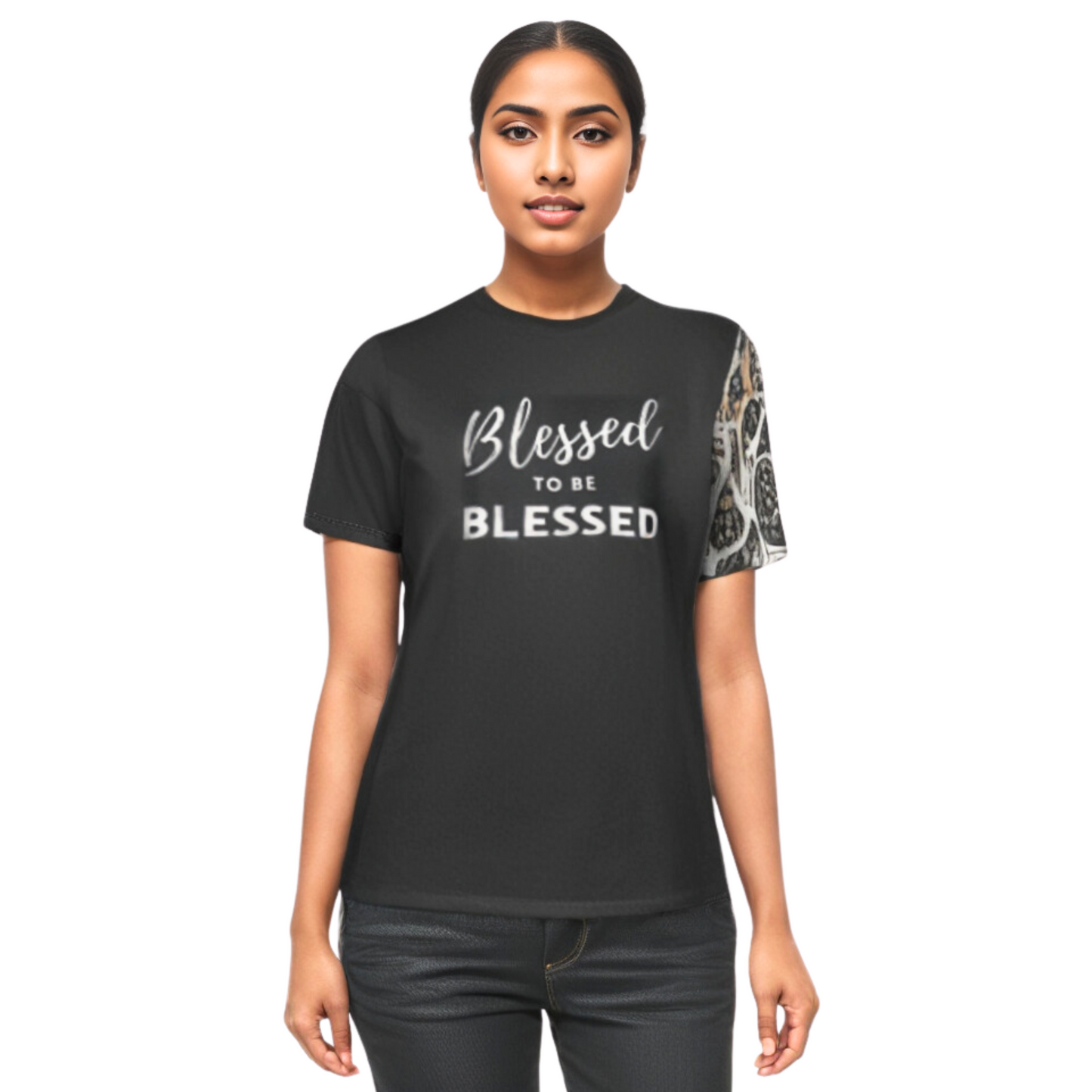 BLESSED TO BE BLESSED Ephesians 1:3 Scripture Paisley Sleeve Black T Shirt