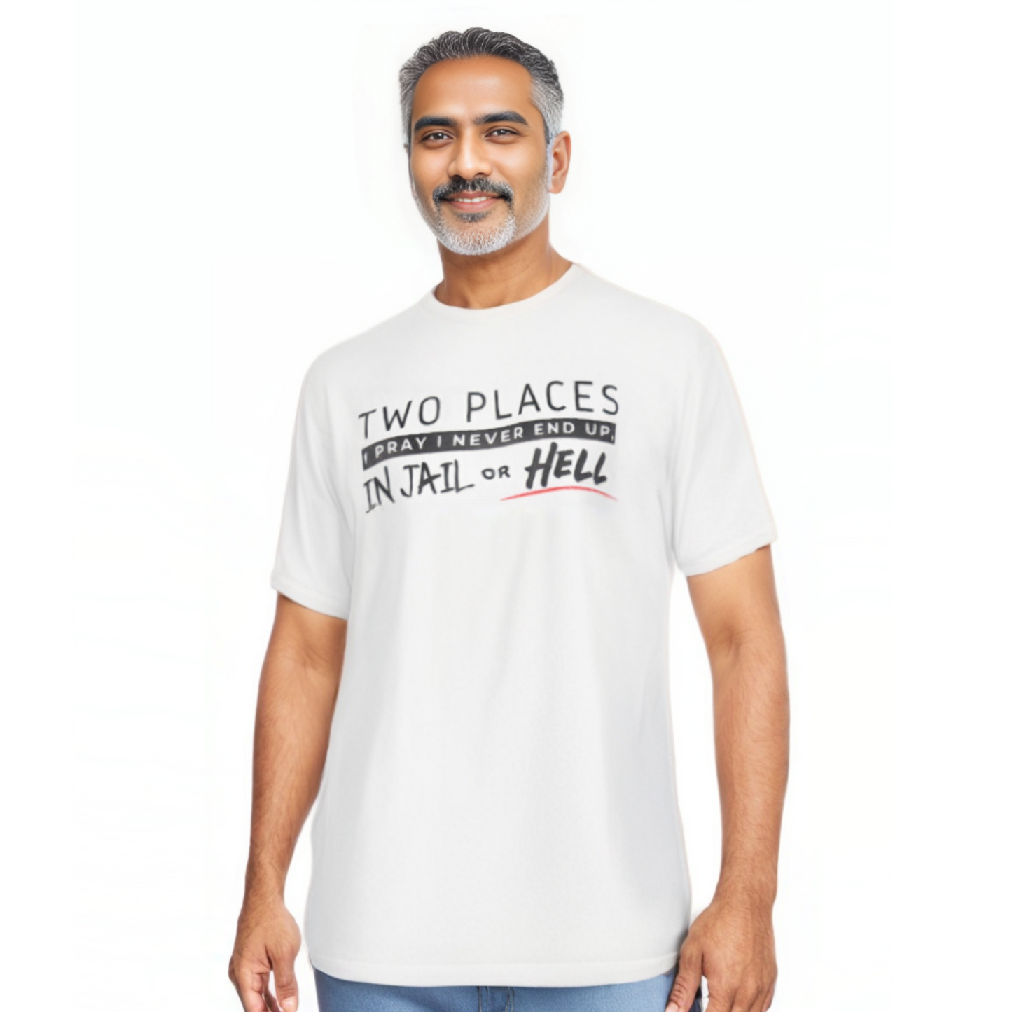 TWO PLACES I PRAY I NEVER END UP, IN JAIL OR HELL White T Shirt