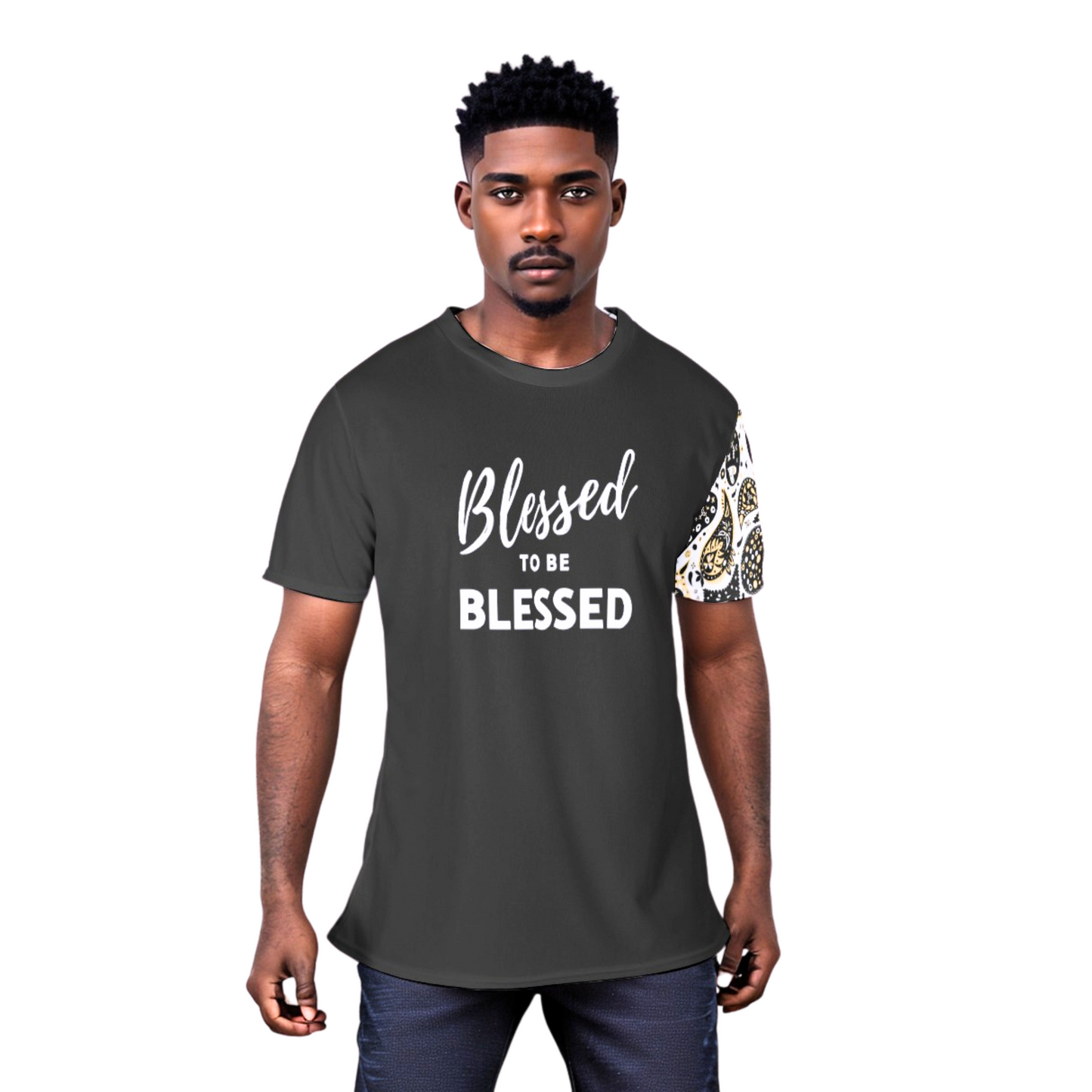 BLESSED TO BE BLESSED Ephesians 1:3 Scripture Paisley Sleeve Black T Shirt