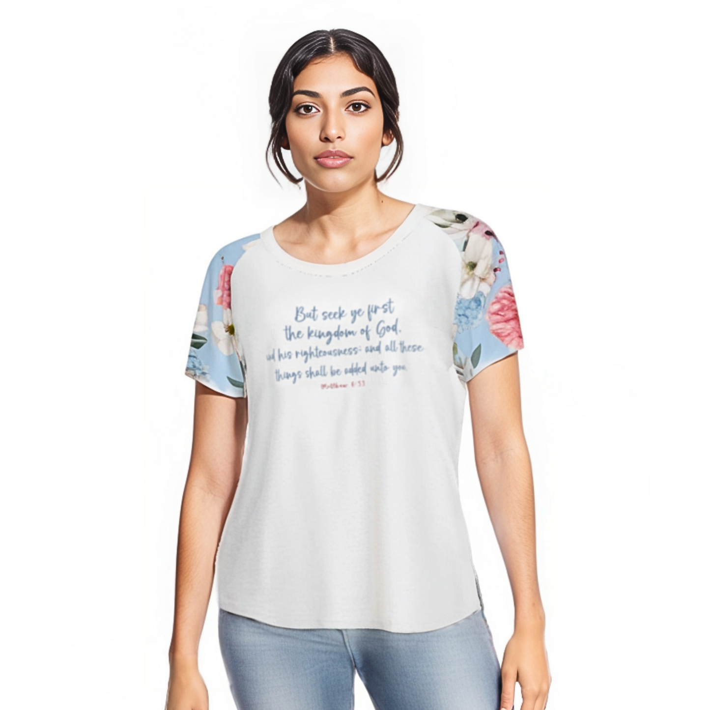 BUT SEEK YE FIRST, THE KINGDOM OF GOD Matthew 6:33 Round Neck Blue Floral T Shirt