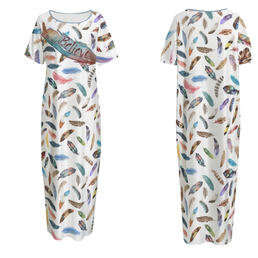 BELIEVE John 3:16 Feather Print Long Gown Dress With Pockets