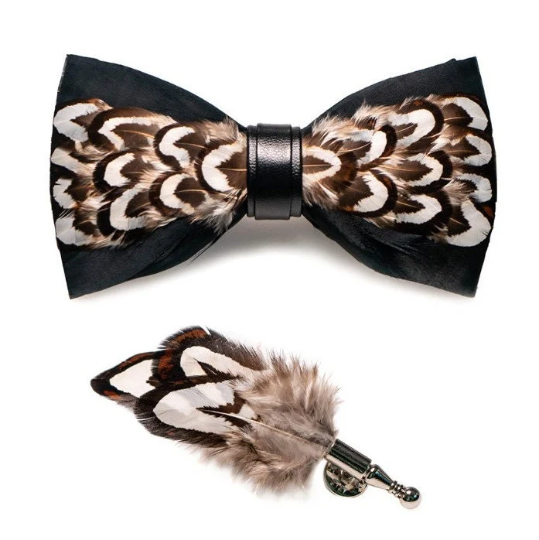 Black, Brown and Beige Pheasant Feather Bow Tie & Label Pin Wood Box Gift Set