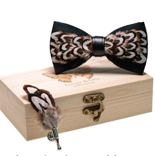 Black, Brown and Beige Pheasant Feather Bow Tie & Label Pin Wood Box Gift Set