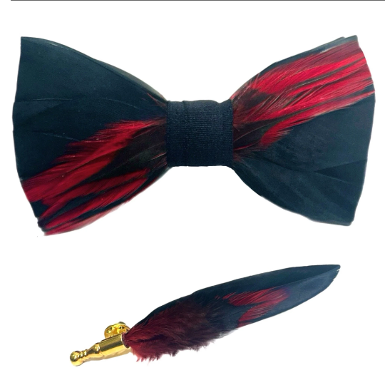 Black and Red Dyed Rooster Feather Bow Tie & Pin Set