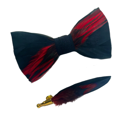 Black and Red Dyed Rooster Feather Bow Tie & Pin Set