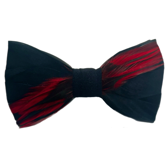 Black and Red Dyed Rooster Feather Bow Tie & Pin Set