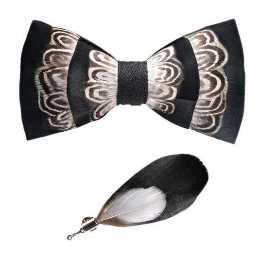 Black and Ivory Feather Bow Tie & Lapel Pin Set