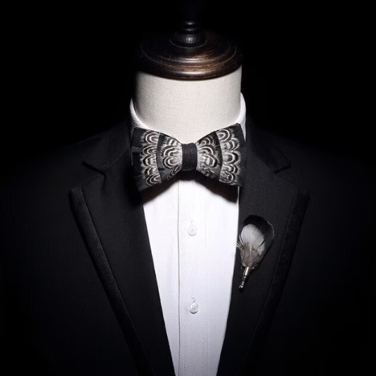 Black and Ivory Feather Bow Tie & Lapel Pin Set