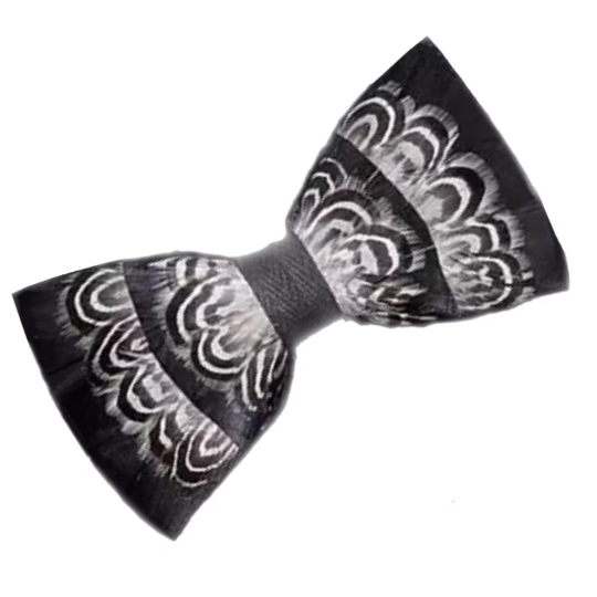 Black and Ivory Feather Bow Tie & Lapel Pin Set