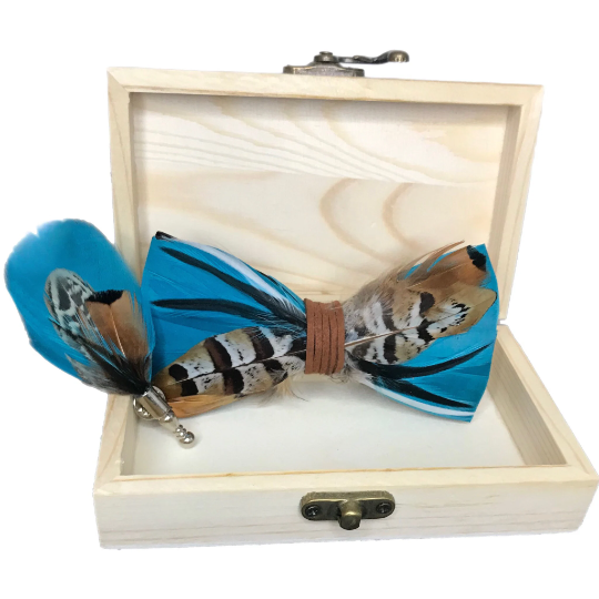 Cerulean Blue, Brown and Beige Mixed Feather Bow Tie & Pin Set