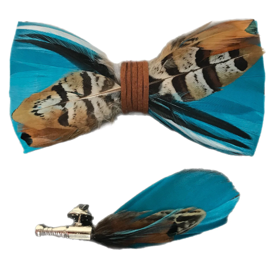 Cerulean Blue, Brown and Beige Mixed Feather Bow Tie & Pin Set