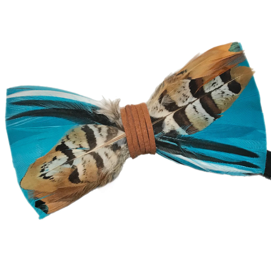 Cerulean Blue, Brown and Beige Mixed Feather Bow Tie & Pin Set