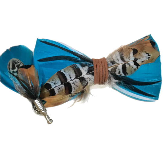 Cerulean Blue, Brown and Beige Mixed Feather Bow Tie & Pin Set