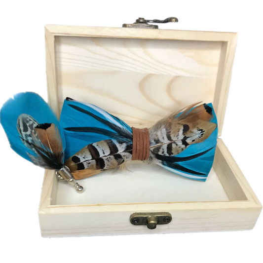 Cerulean Blue, Brown and Beige Mixed Feather Bow Tie & Pin Set